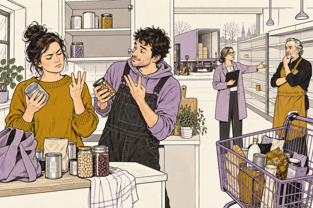 Illustratie: gezin legt houdbaar eten in een keukenkast terwijl een onderzoeker naar lege supermarktschappen wijst